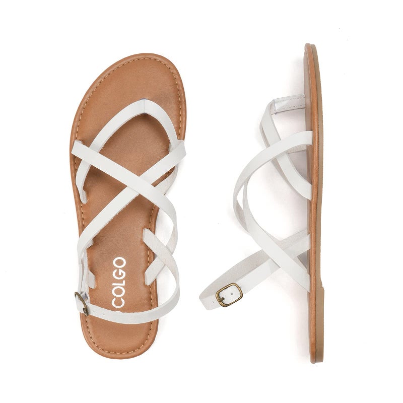 Colgo Women's Summer Strappy Flat Sandals, Adjustable Casual Fisherman Sandal with Open Toe Slingback Gladiator Sandals (7.5,White) - Image 5